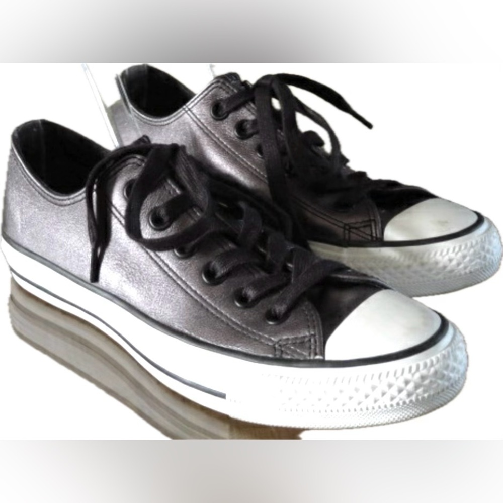 Converse All Star Metallic Leather Gunmetal Silver Gray Sneakers Trainers 8 HTF